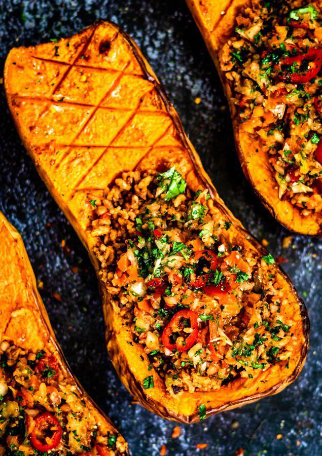 Stuffed butternut squash with Mexican Rice