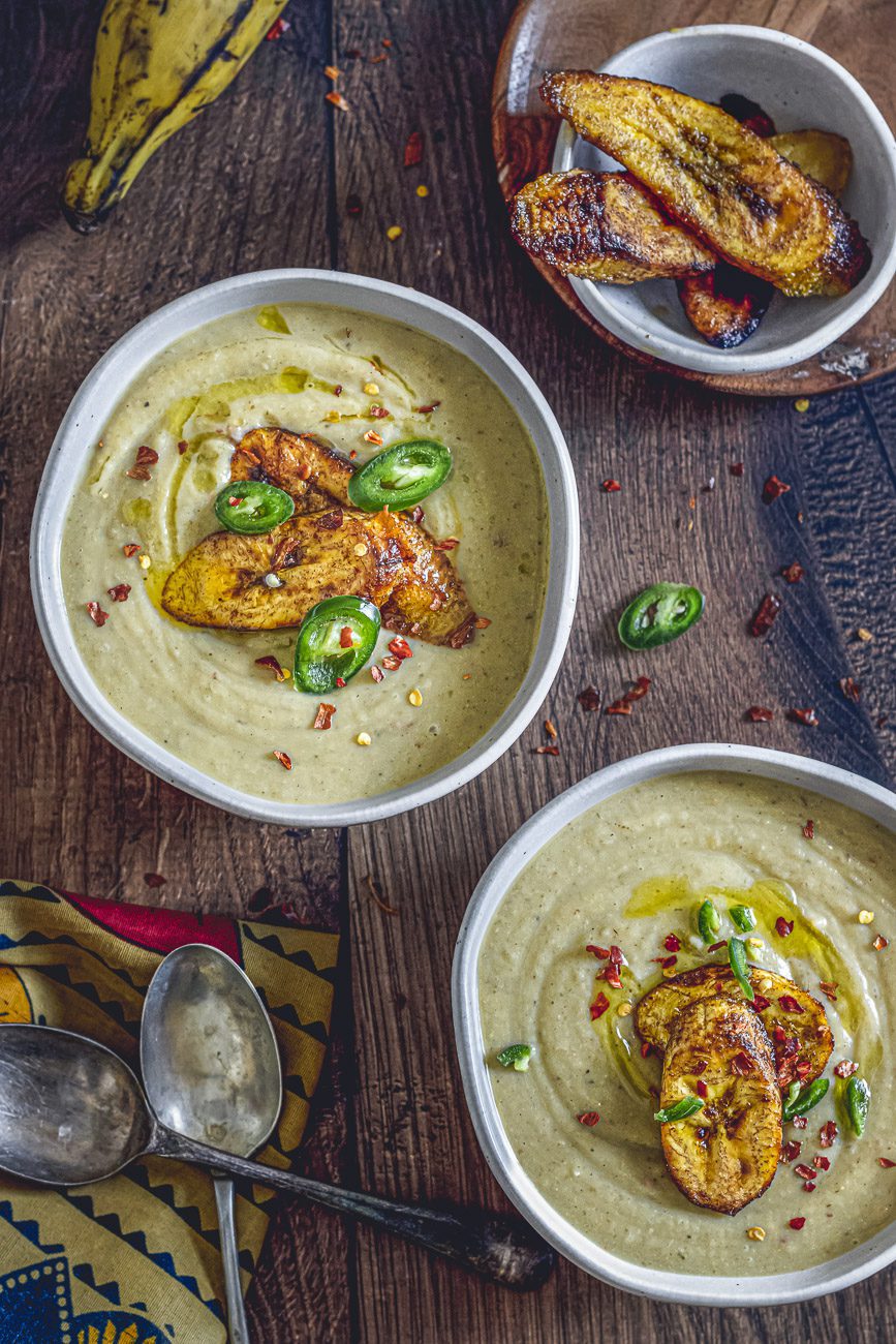 Roasted Plantain soup - two bowls with spoons