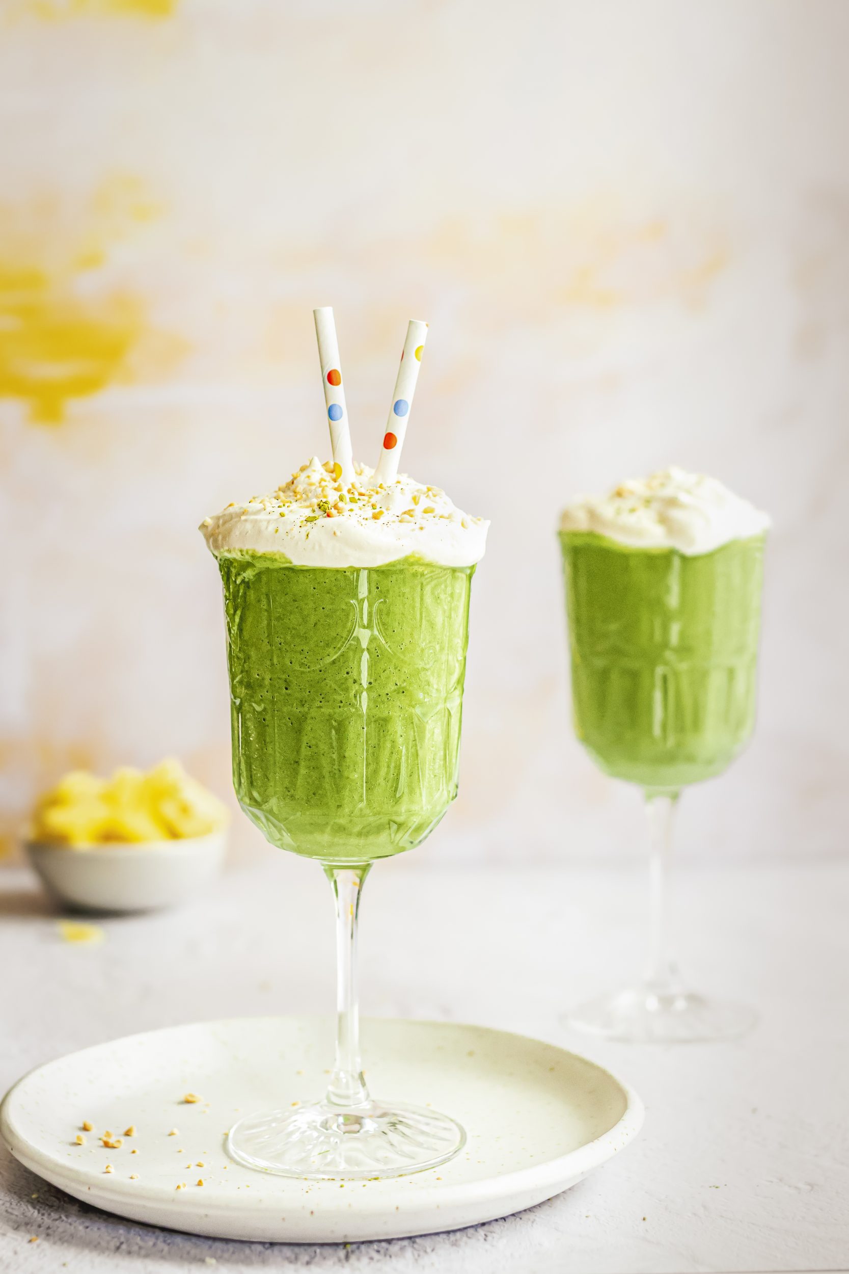 two spinach smoothie glasses