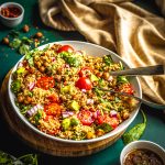 Quinoa chickpea salad with avocado, cherry tomatoes, spinach, and lemon vinaigrette in a bowl – fresh and healthy meal prep recipe